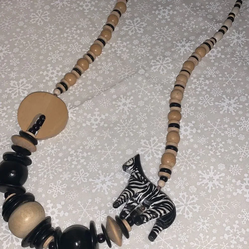 Vintage‎ Wood Hand Carved Zebra Bead Necklace 29”